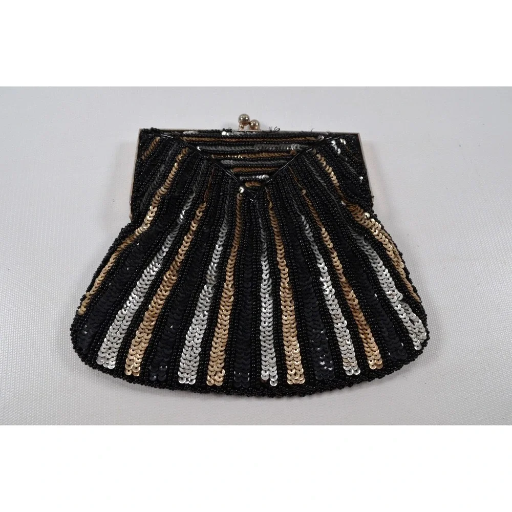 Vtg Gold Silver Sequined Beaded Handbag Purse Evening Purse Handmade Hong Kong